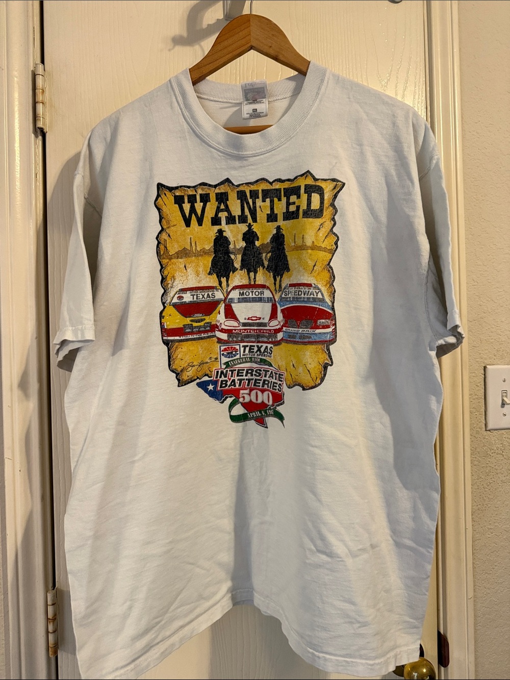 VINTAGE 1997  Fruit of the Loom White T‑Shirt with Yellow and Red Racing Graphic
